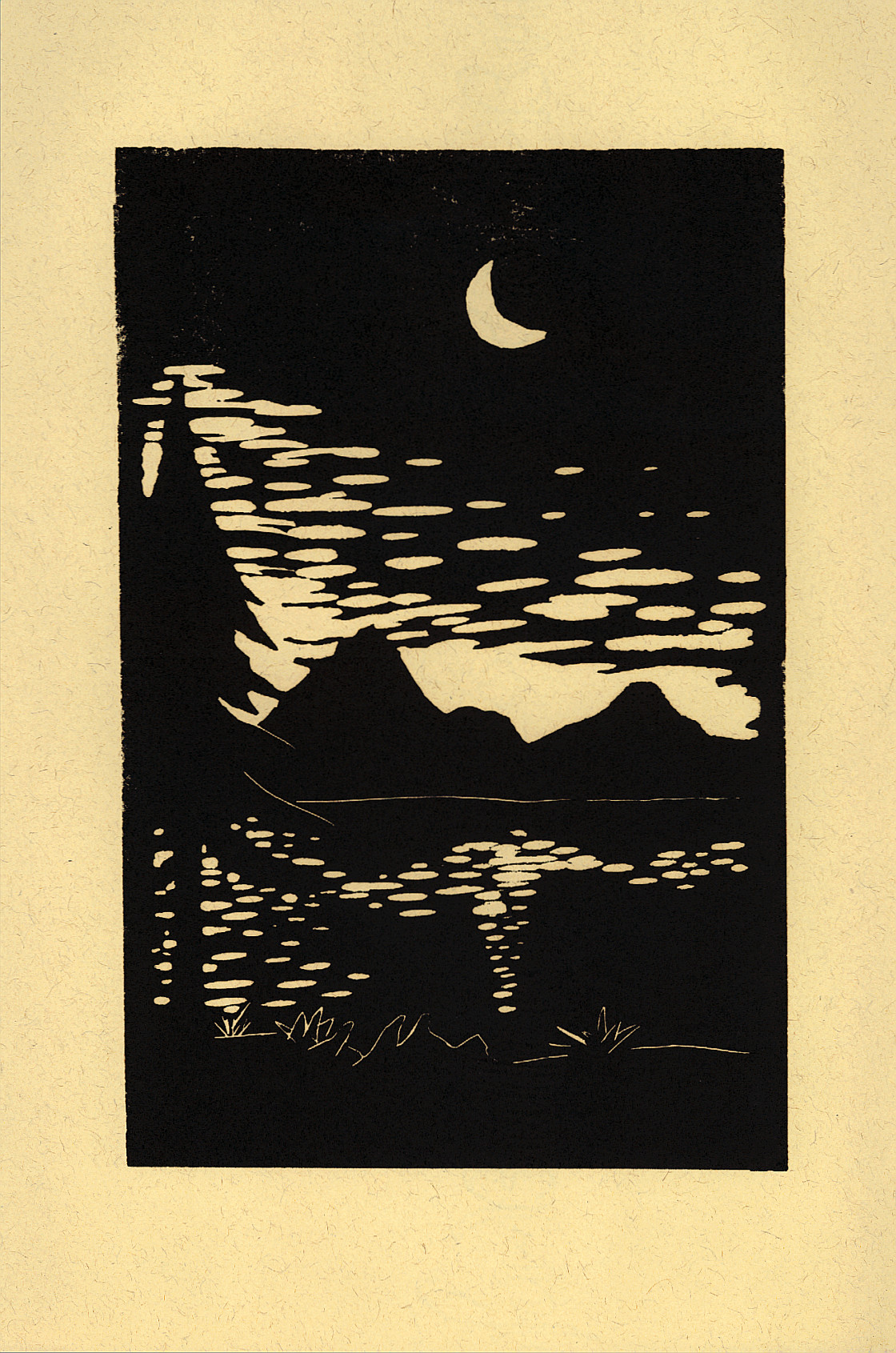 Drucke/Linolschnitte Wandervogel: Abbildung eines Sees in Nachtstimmung (Mond)