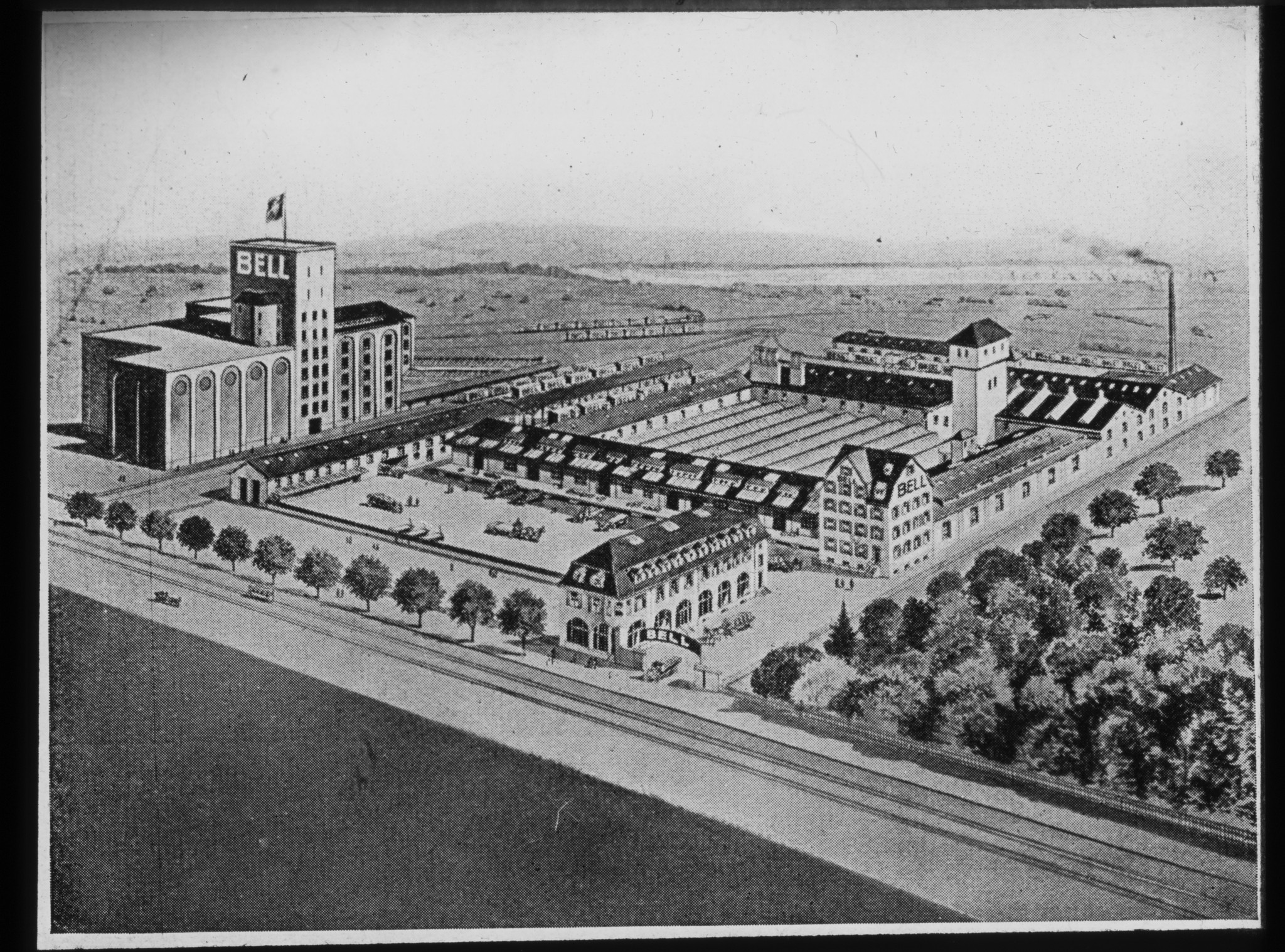 Dia: Plan/Zeichnung der Bell AG, Basel aus der Luftperspektive