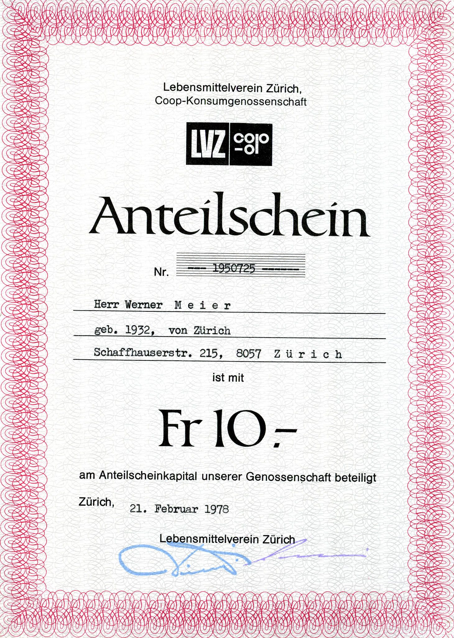 Anteilschein Lebensmittelverein Zürich ; Besitz: Werner Meier ; Wert: 10 Franken