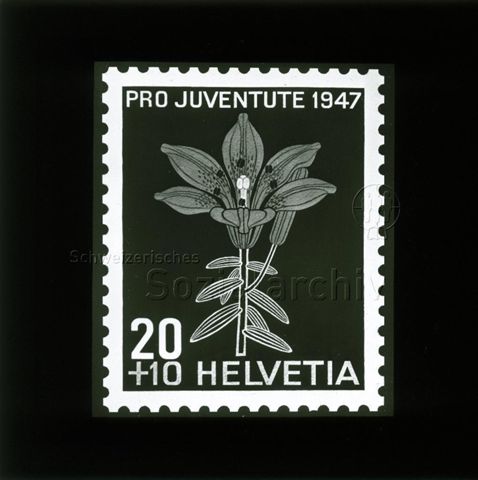 Diaserie Briefmarken; "Helvetia 20 +10, Pro Juventute 1947"; Blume; 1947