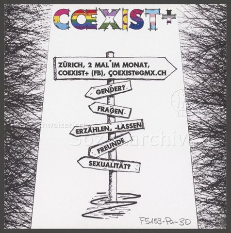 "Coexist+ – Zürich, 2 Mail im Monat, Coexist+ [...] – Gender? – Fragen – Erzählen, -lassen – Freunde – Sexualität?", Wegweiser – generelle Einladung der Gruppe Coexist+ (um 2020, Zürich)