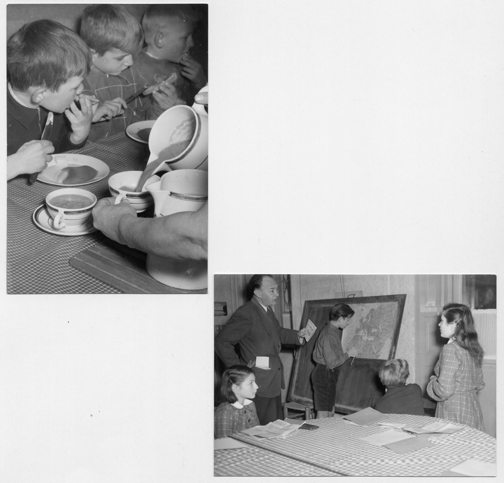 Kinder essen Abendessen; Kinder üben Geografie