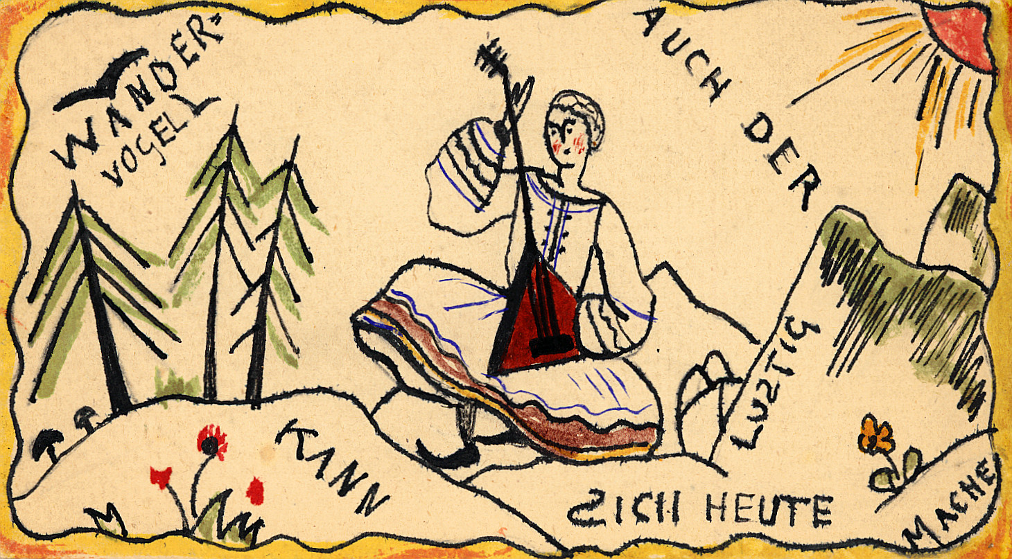 Zeichnung aus der Sammlung von Gottfried Grieshaber (Wandervogelarchiv): Wandervogel eine Balalaika spielend (1918)