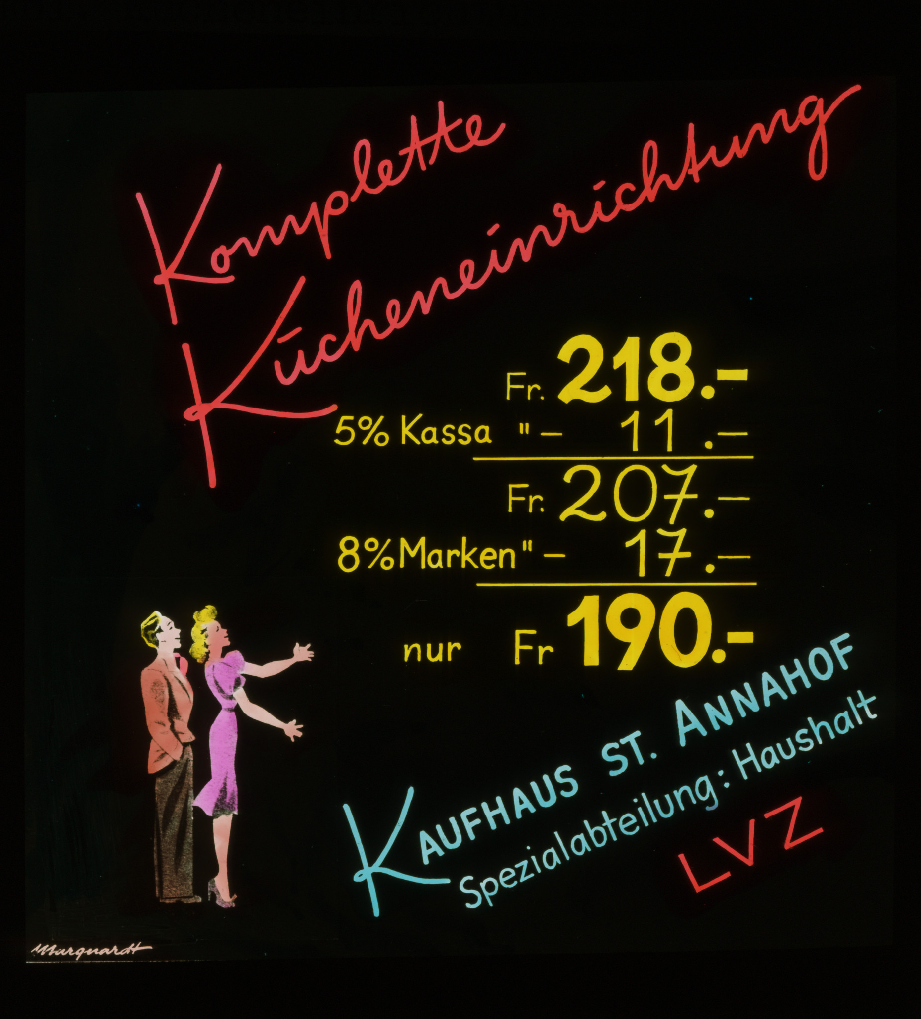 Dia: Werbung für "Komplette Kücheneinrichtung", daneben Rabattrechnung und "Kaufhaus St. Annahof Spezialabteilung: Haushalt LVZ".