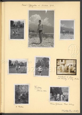 Fotoalbum Nico Kaufmann, 1928–1950 – "Nach-Pfingsten in Ascona 1946" (oben, mitte), "Weekend in Bern mit Freddy u. Jürg Stuber" (mitte rechts), "Fetan, Sommer 1946 – H. Mettrei – Werner Belmont, Trudi Schorp" (unten), 1946