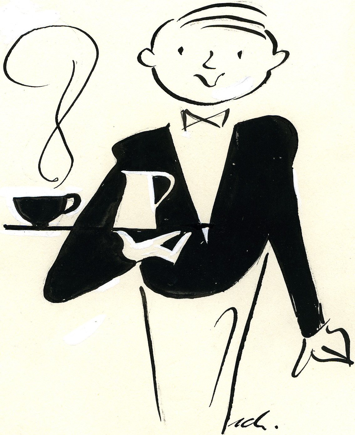 Ein Kellner auf einem Tablett ein heisses Getränk (vermutlich Kaffee) und eine Kanne tragend