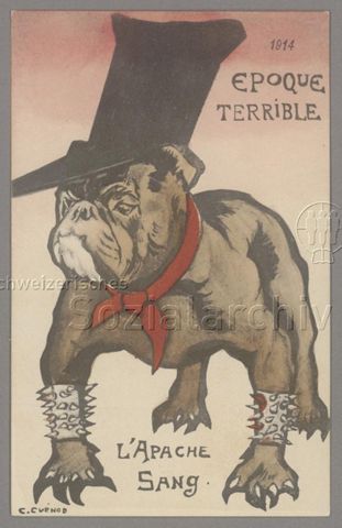 1914 epoque terrible, l'apache sang", Rückseite: "Das neue Vaterunser!!! [...]