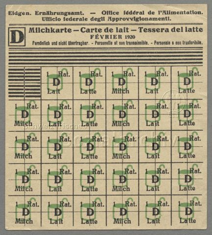 Milchkarte mit Lebensmittelmarken für Milch, 1920