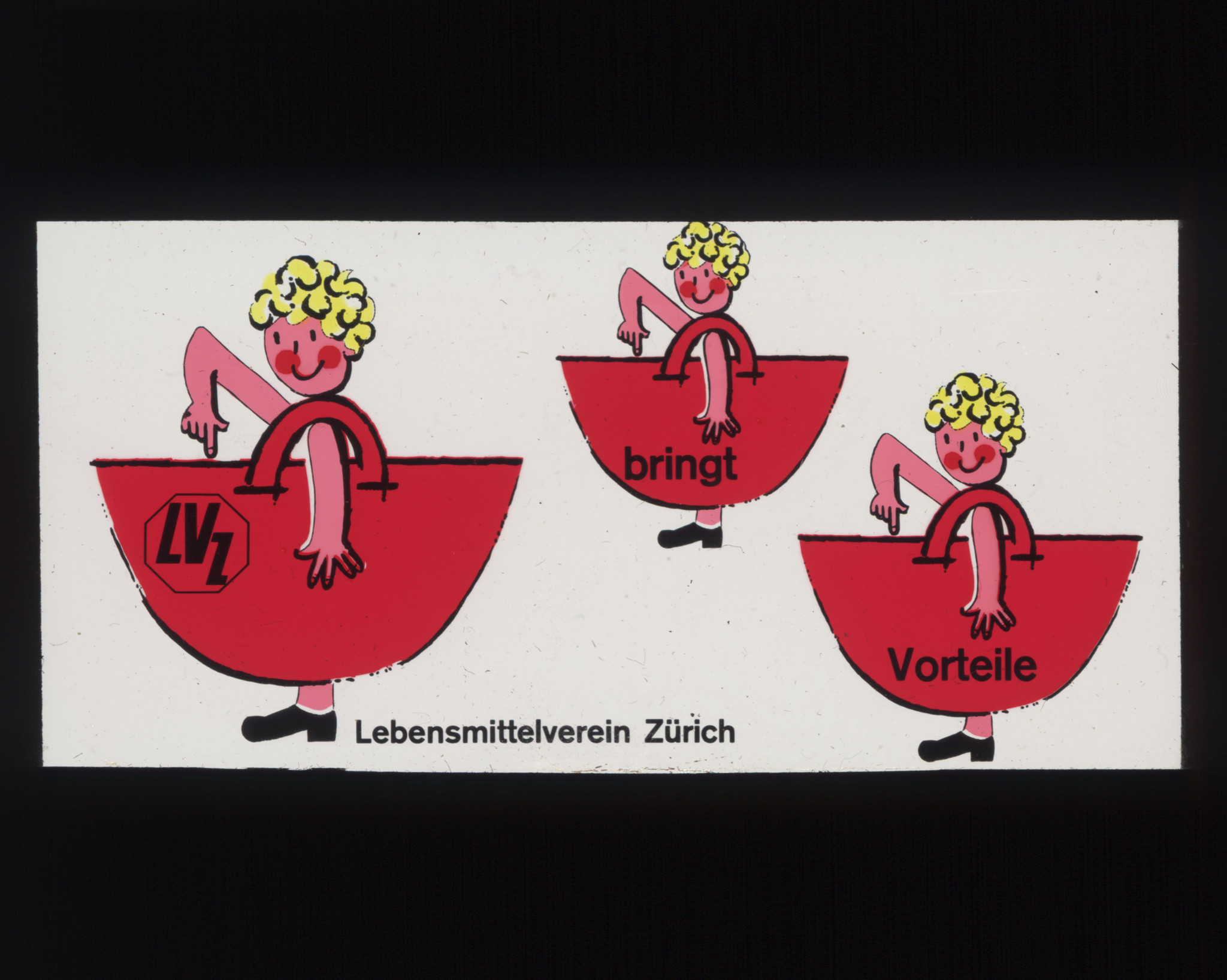Drei Comicfiguren mit riesigen Umhängetaschen: "LVZ bringt Vorteile - Lebensmittelverein Zürich"