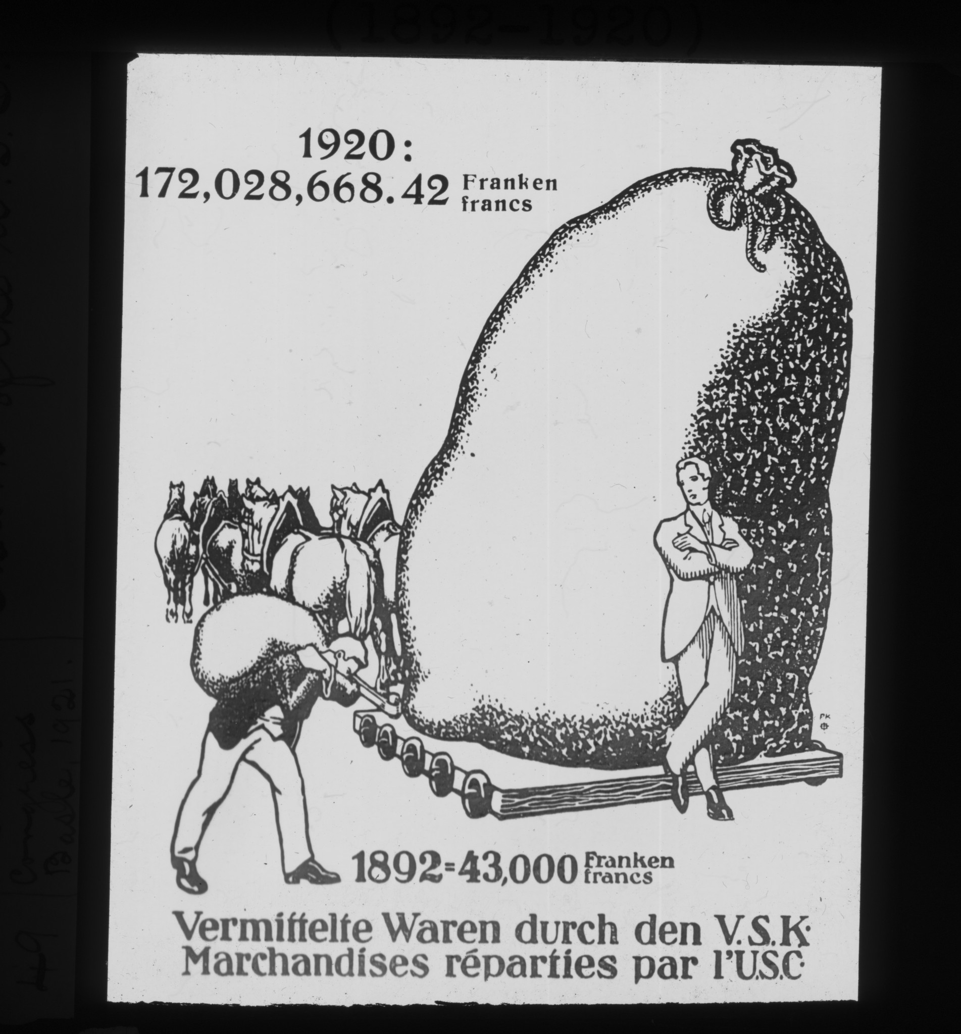 Dia: Entwicklung des V.S.K. (Verband schweizerischer Konsumvereine): Umsatzeinwicklung ("Vermittelte Waren durch den V.S.K."), von 41'000 auf 173 Millionen Franken 1920.