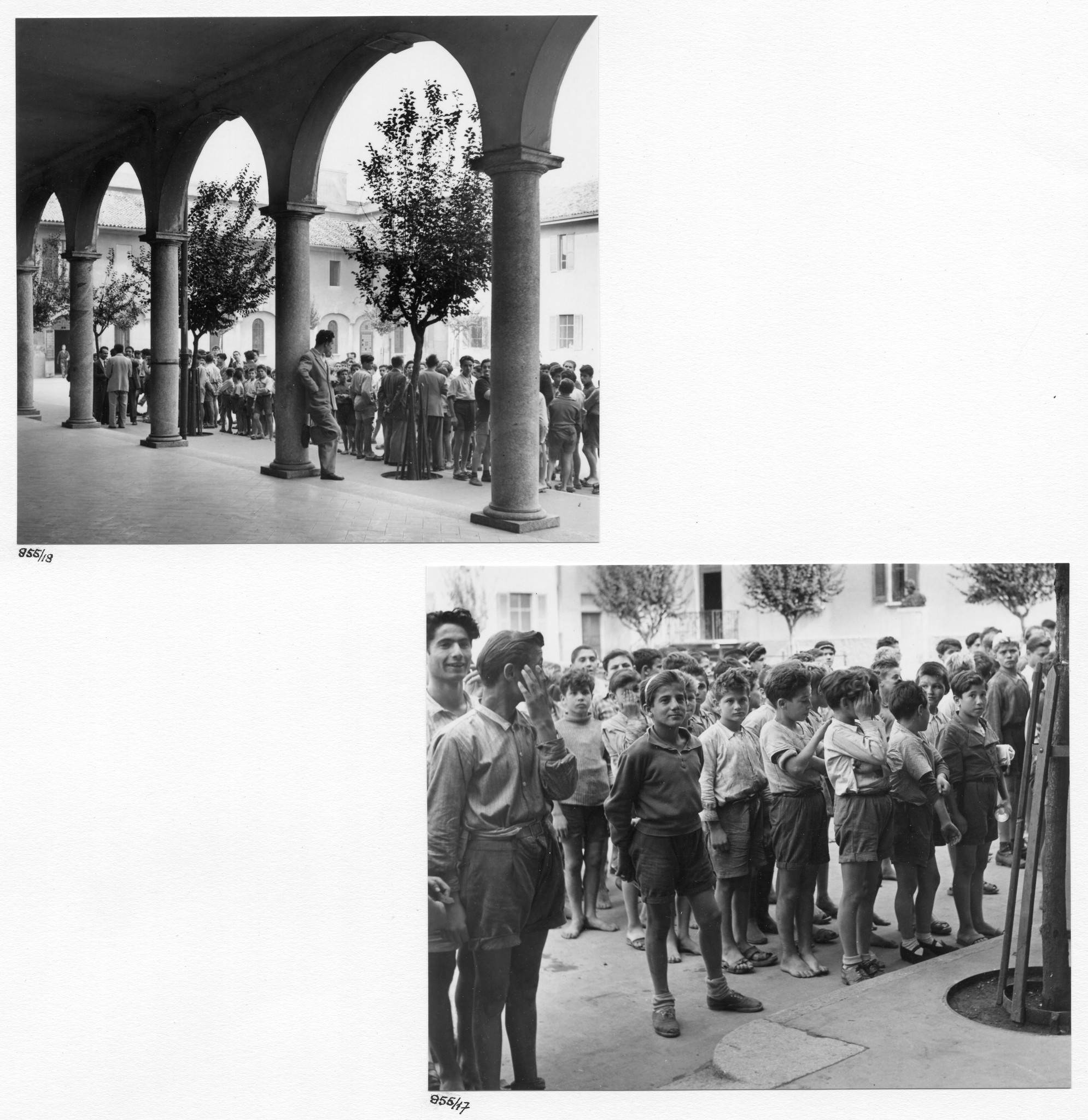 (o) "Zeit zum Essen; man muss zu lange warten, bis der Speisesaal offen steht" (u) "Die Buben lieben es nicht, wenn sie fotografiert werden, weil sie eine Reportage in 'Crimen' fürchten; sonst würde es ihnen nicht missfallen" - Heim für Schwerer