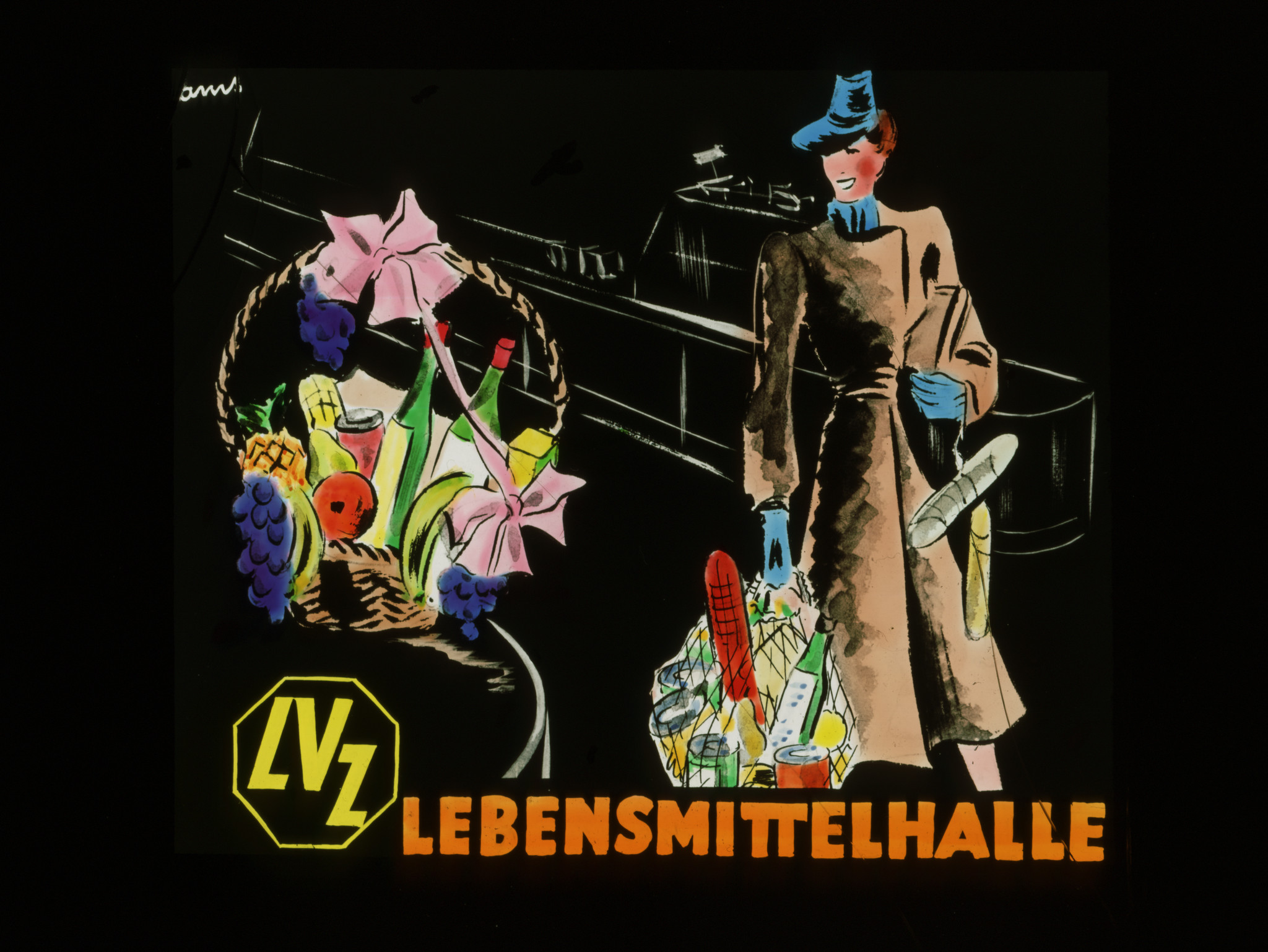 Dia: Werbung für die Lebensmittelhalle des LVZ im St. Annahof, vornehme Dame und Geschenkkorb.
