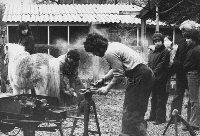"Tierhaltung Robinsonspielplatz Volta, Basel" - Hufschmied bei der Arbeit; 1973