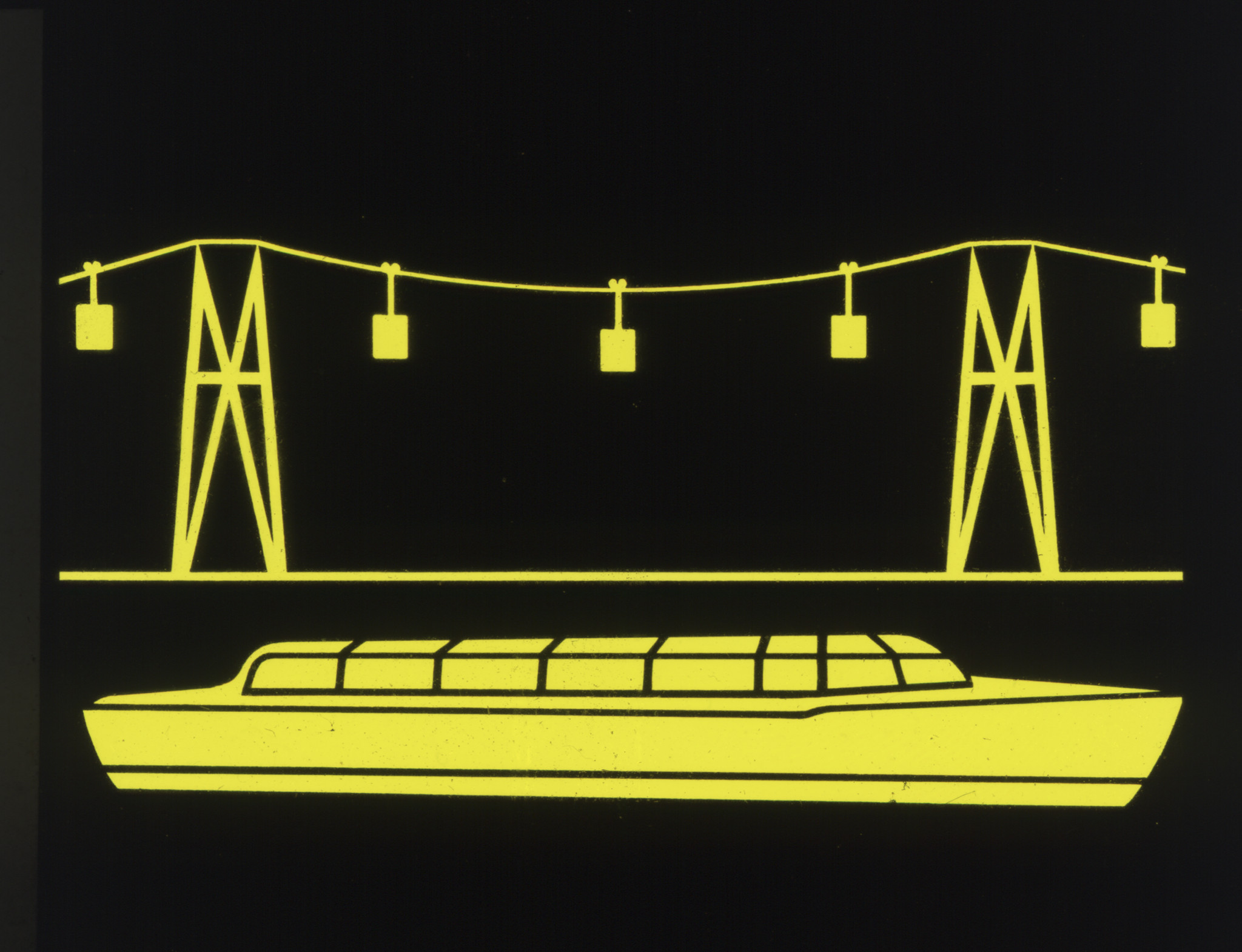 Schiff, im Hintergrund Seilbahn (könnte Werbung im Zusammenhang mit der Ausstellung SAFFA 1958 in Zürich sein)