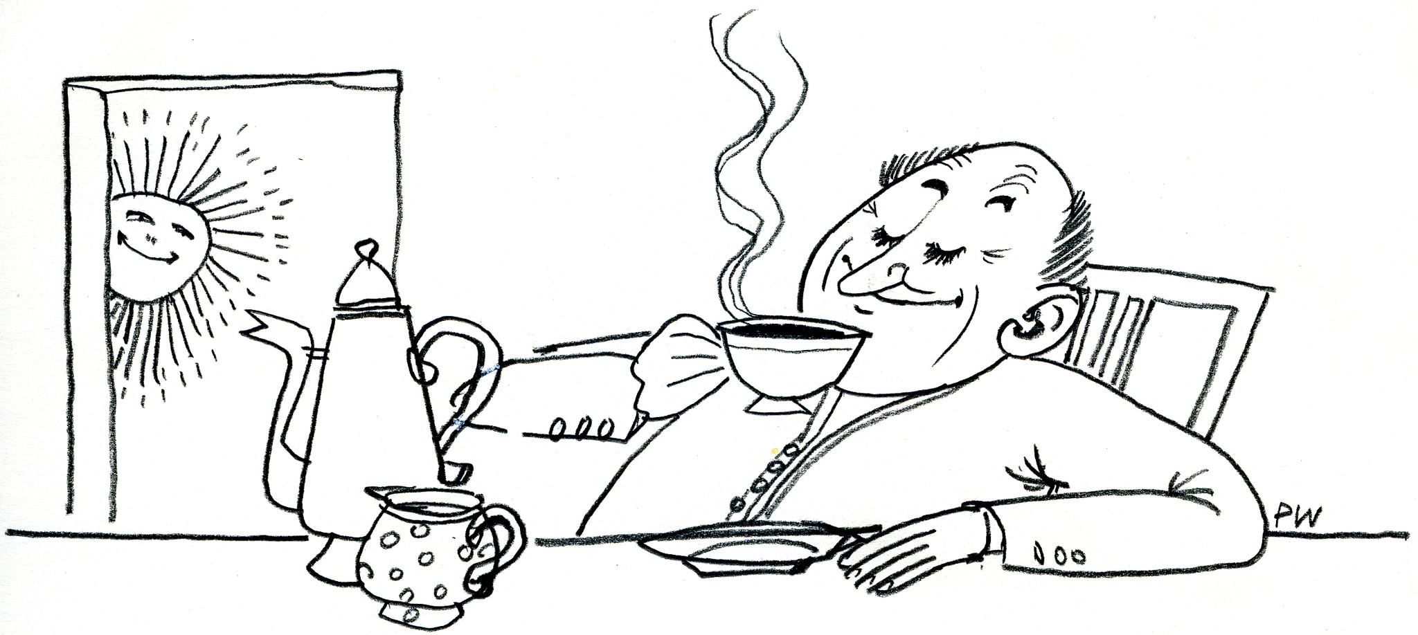 Mann am Morgen zufrieden Kaffee trinkend