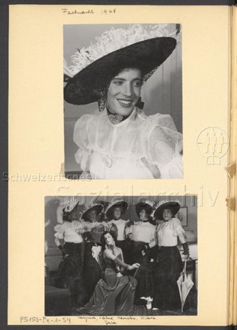 Fotoalbum Nico Kaufmann, 1928–1950 – "Fastnacht 1948" – vorne Bertie Wolf als Berta: "Kunigunde, Edeline, Hannelore, Victoria, Berta" (unten; siehe Sozarch_F_5159-100-Fx-009)