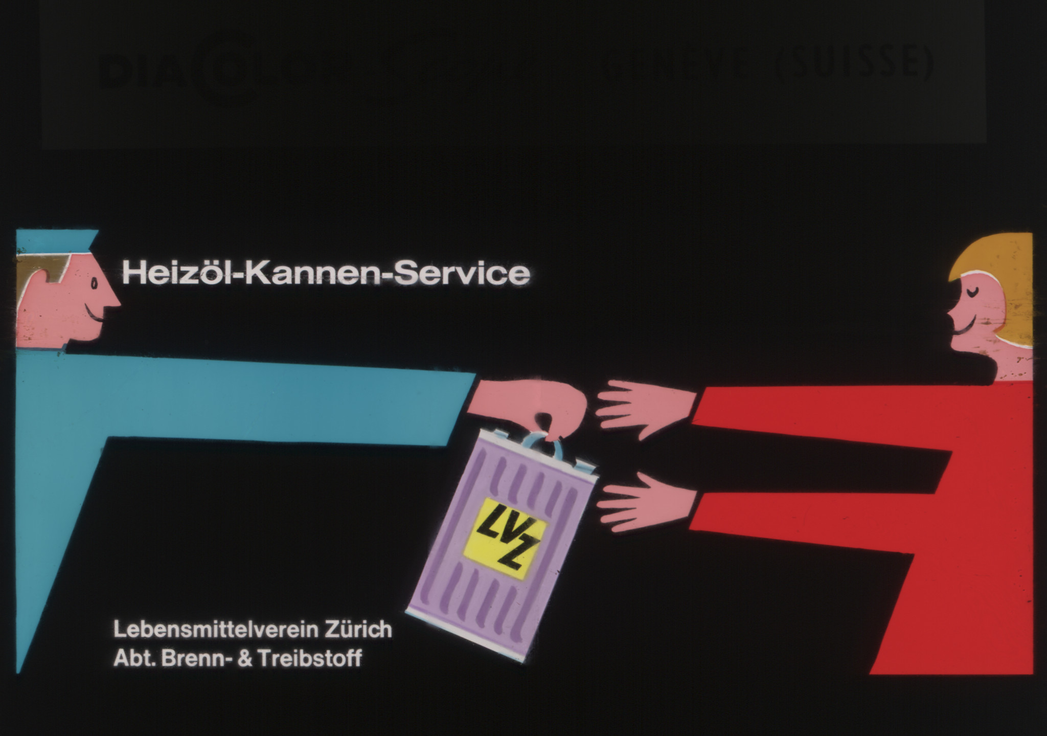 Comic-Figuren, Lieferant übergibt Frau Kanister: "Heizöl-Kannen-Service - Lebensmittelverein Zürich Abt. Brenn- & Treibstoff"