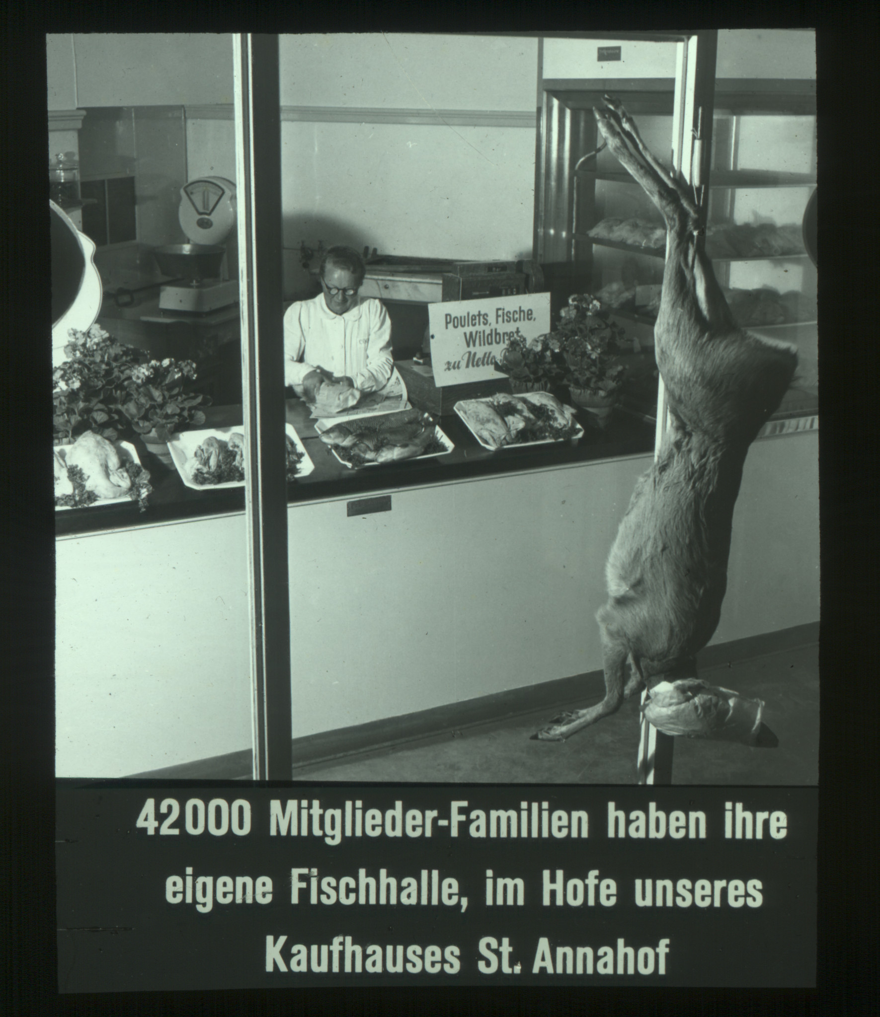 Hängendes geschossenes Wild, Mann mit Fleisch im Hintergrund: "42000 Mitglieder-Familien haben ihre eigene Fischhalle, im Hofe unseres Kaufhauses St. Annahof"
