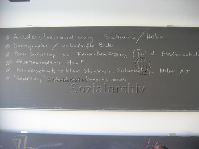 Generalversammlung des Pink Cross (02.04.2005, Frauenfeld) – Diskussionsgruppe über die zukünftige Politik des Pink Cross hinsichtlich Pornografie und dem Antidiskriminierungs-Gesetz – Notizen: "Andersbehandlung Schwule/Hetis – Pornographie/unbedarfte Bilder – Porno-Schulung vs. Porno-Bekämpfung (Teil d. Medienschulung) – Gesetzesänderung [...] – Kinderschutz → klare Strategie, Sicherheit f. Nutzer A:P – 'Beziehung' ist auch eine temporäre, sexuelle"