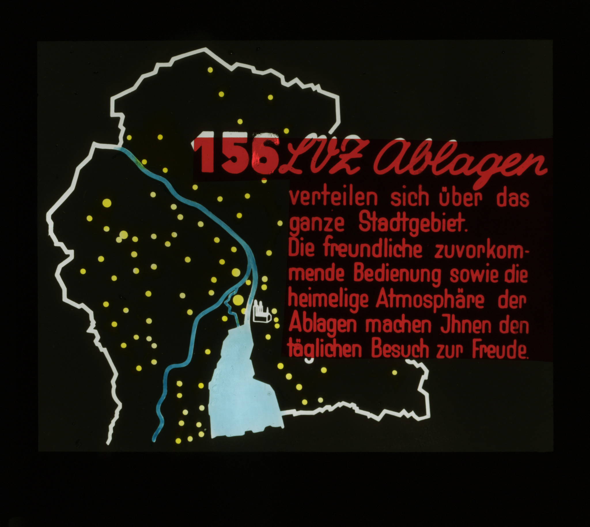Dia: LVZ-Filialen auf Plan eingezeichnet, dazu Text: "156 LVZ Ablagen verteilen sich über das ganze Stadtgebiet. Die freundliche zuvorkommende Bedienung sowie die heimelige Atmosphäre der Ablagen machen Ihnen den täglichen Besuch zur Freude."