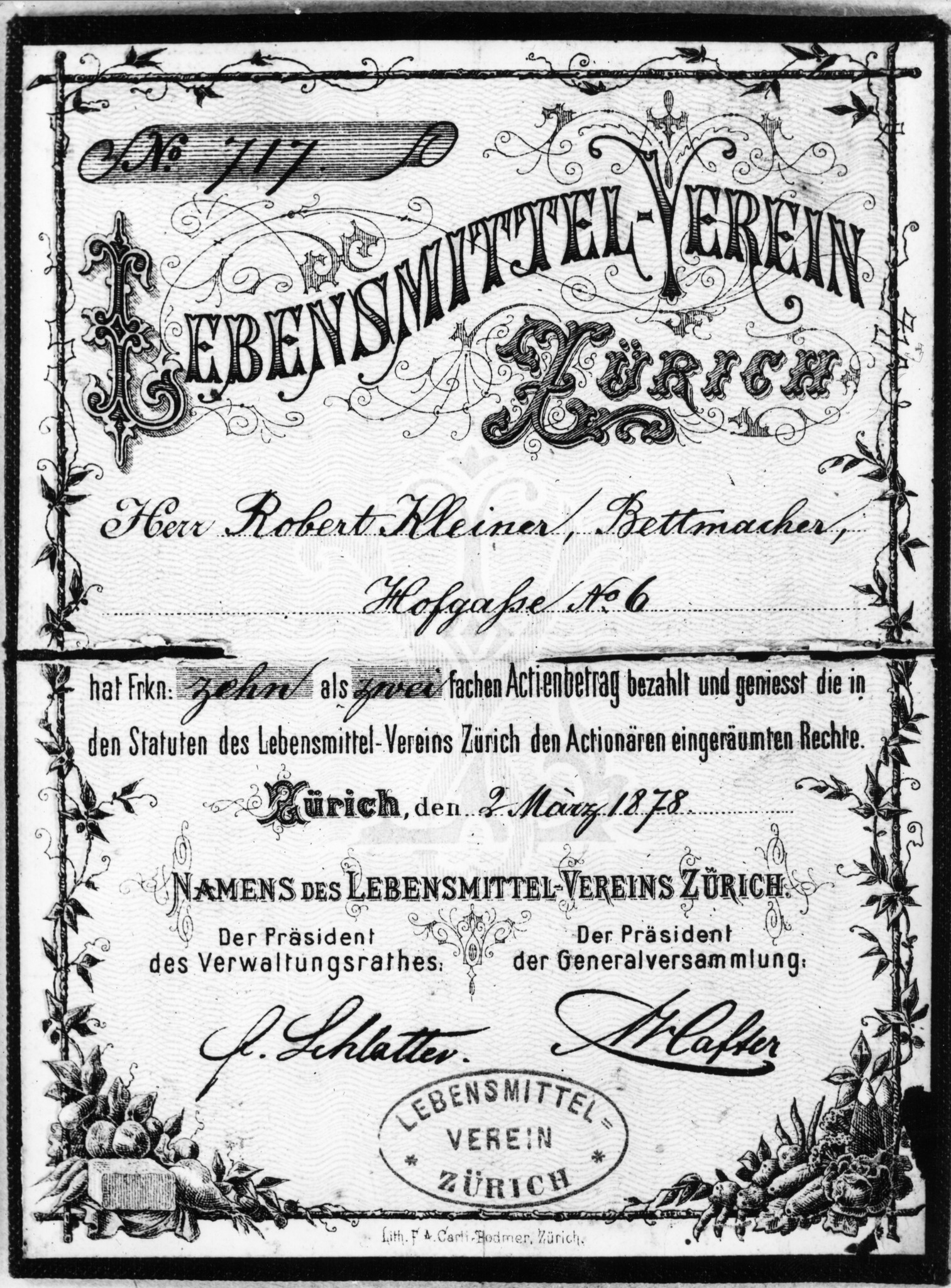 Aktie des Lebensmittelvereins Zürich, 1878