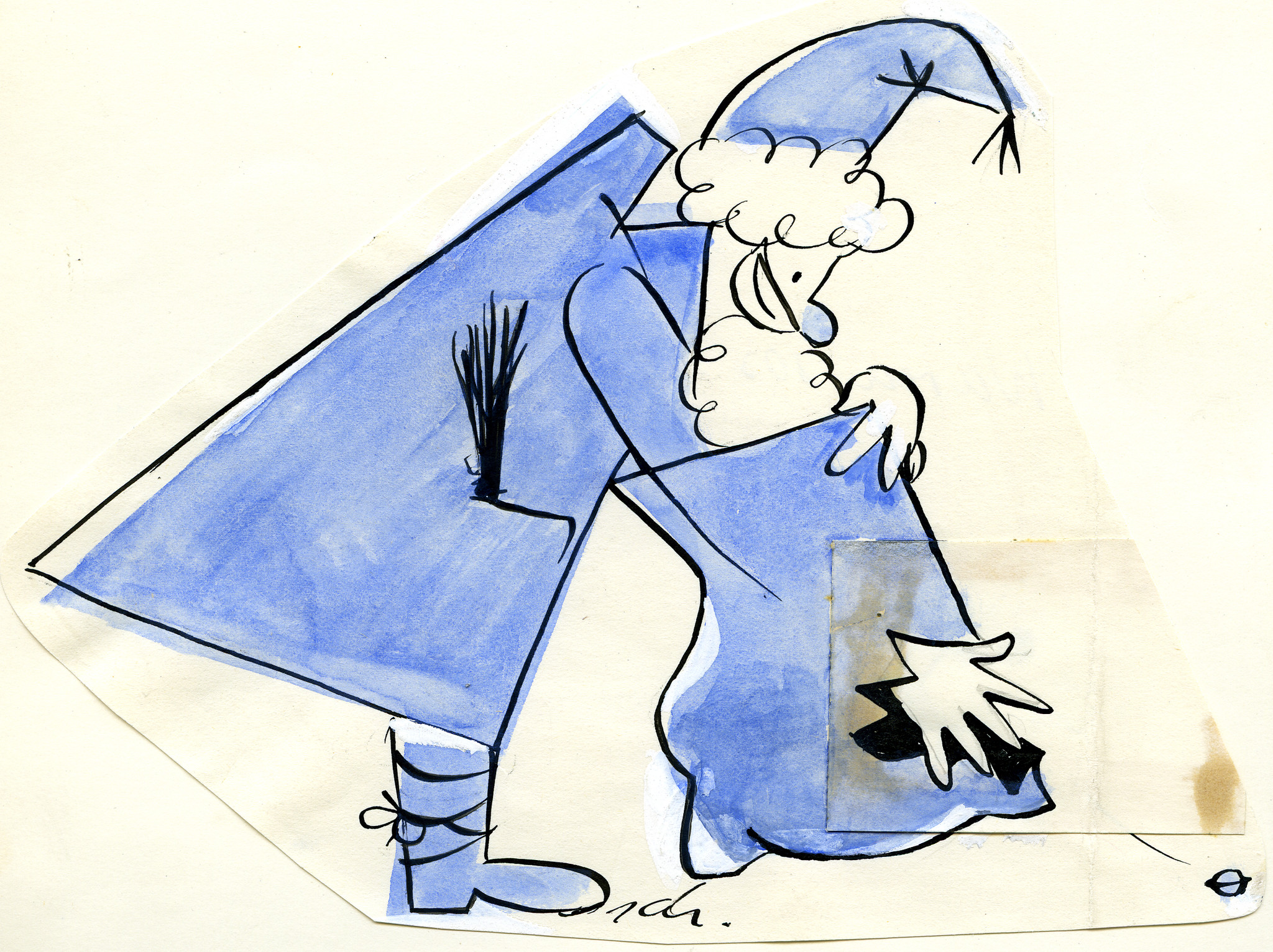 "Unsere Chlaussäcke 1969"; Weihnachtsmann in einen grossen Sack mit Loch greifend
