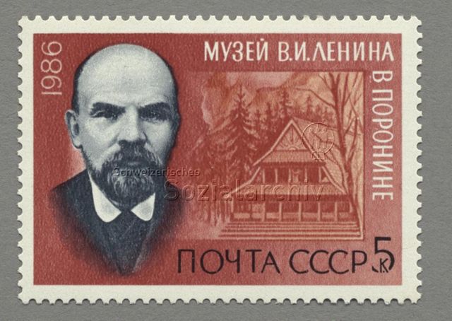 Marke zum 116. Geburtstag Lenins mit Porträt von Wladimir "Lenin" Iljitsch Uljanow neben dem Lenin-Museum in Poronin, Polen, 1986