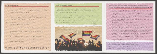 links: "Unsere Leitsätze", mitte: "Der Stonewall Award", rechts: "Wir fördern Projekte und Studien aus den Bereichen Kultur, Wissenschaft, Bildung und Gesellschaftspolitik, die" – Infoflyer der Stiftung Stonewall (um 2020)