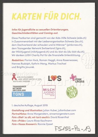 "Karten für dich.", Übersicht der beteiligten Organisationen, Redaktion etc. – Infobüchlein für Jugendliche der AIDS-Hilfe Schweiz in Zusammenarbeit mit anderen queeren Organisationen über sexuelle Orientierung, Geschlechtsidentitäten und Coming-Out (August 2019)