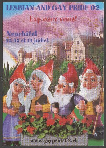 "Lesbian and Gay Pride 02 – Exp.osez-vous! – Neuchâtel 12, 13 et 14 juillet" (um Juni/Juli 2002, Neuchâtel)