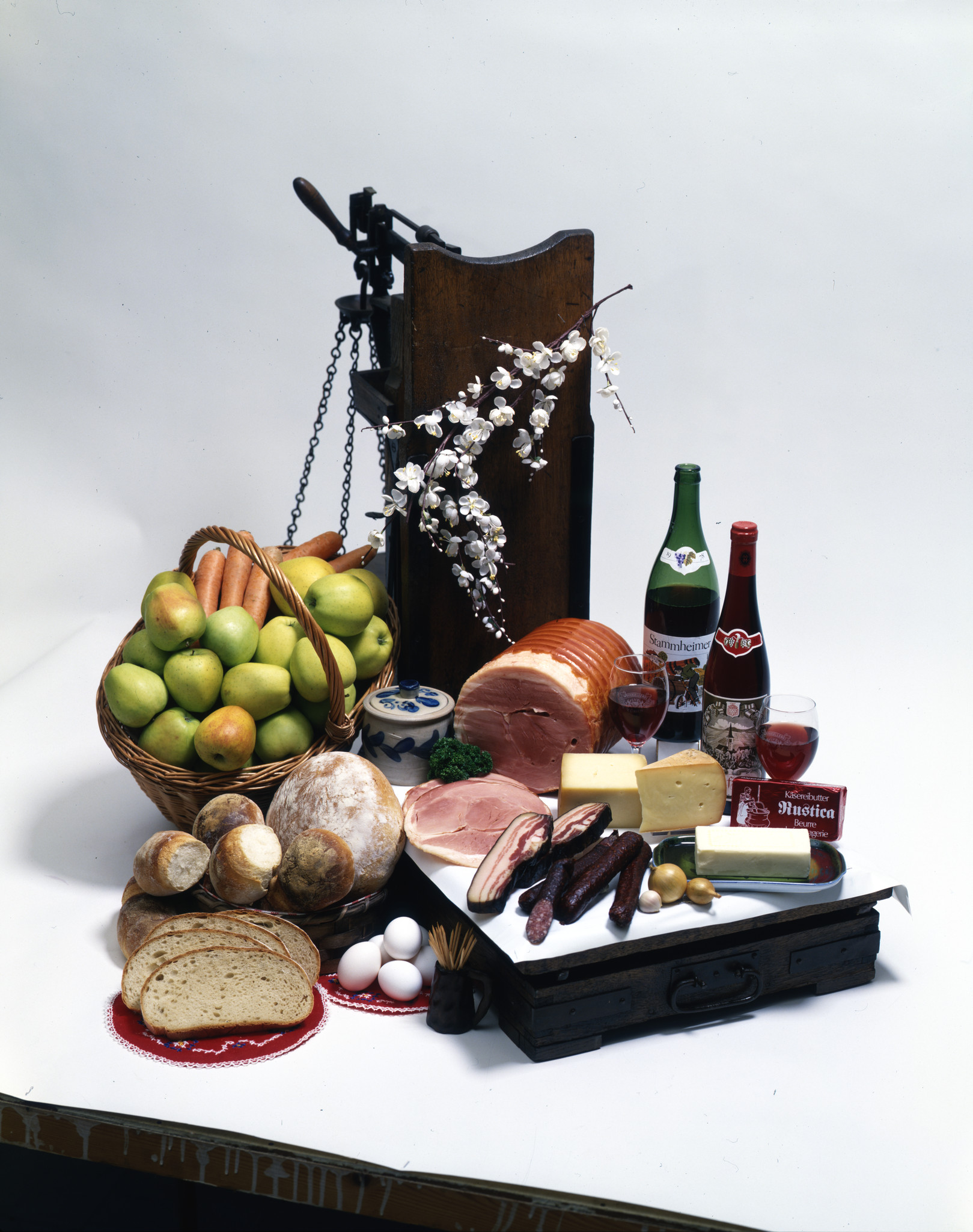 Ausschnitt aus der Lebensmittelpalette des LVZ, u.a. Brot, Schinken, Wein, Butter, ca. 1980