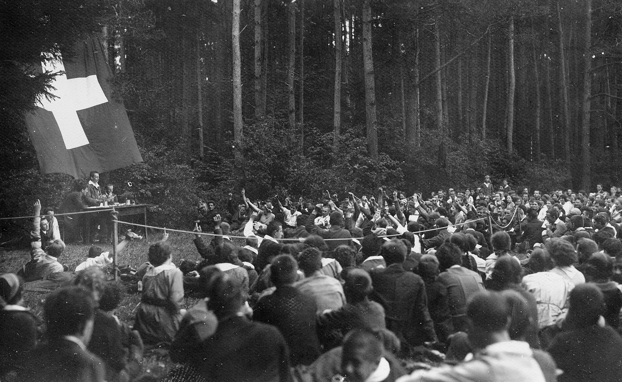 Wandervogel-Landsgemeinde bei Steinmaur (Heitliberg) - Abstimmende Wandervögel sitzen auf der Wiese (1915)