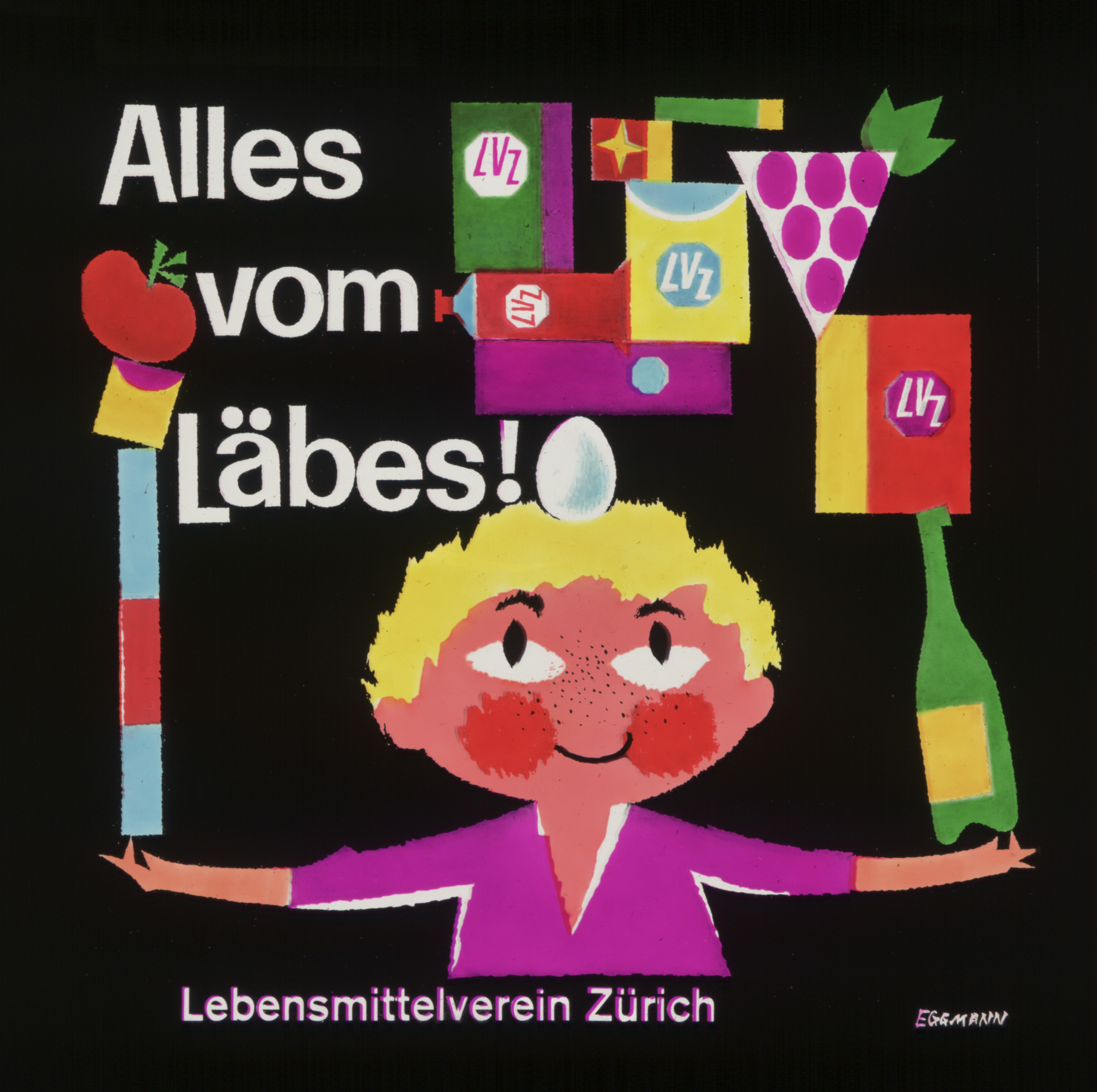 Comicfigur beim Balancieren von Lebensmitteln, Titel: "Alles vom Läbes!", unten: Lebensmittelverein Zürich