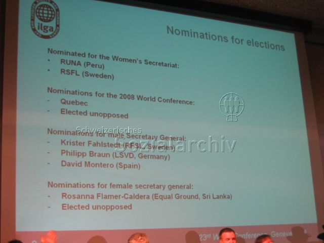 23. ILGA (International Lesbian, Gay, Bisexual, Trans and Intersex Association) World Conference – Geneva (27.03.–03.04.2006, Genf) – Nominationsübersicht für das Frauensekretariat, den Austragungsort der ILGA Weltkonferenz 2008 und den/die Generalsekretär:in