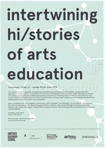 "intertwining hi/stories of arts education" - weisses Netzwerk auf pastellgrünem Hintergrund