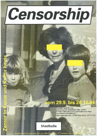 "Censorship - Zensur in Kunst und Kultur heute" - Frau und Junge mit Zensurbalken über den Augen, sowie ein Mädchen ohne