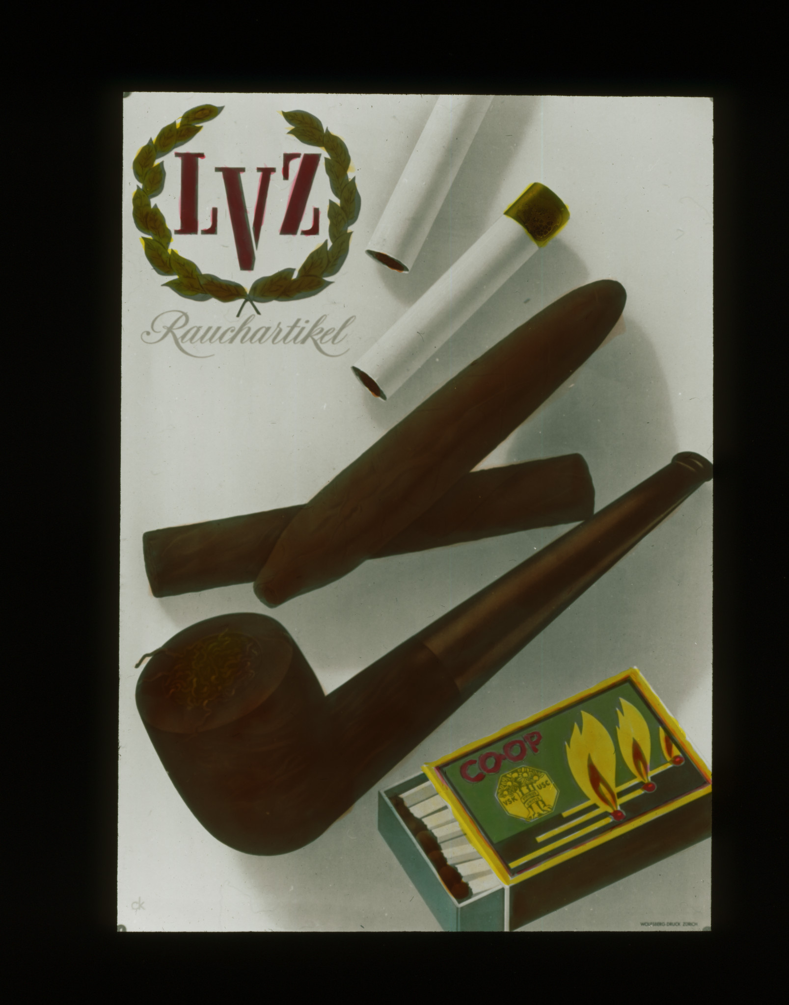 Dia: Werbung für LVZ-Rauchartikel_ Zigaretten, Zigarren, Pfeife, Streichhölzer.