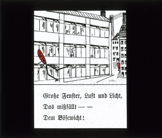 Diaserie zum Thema Kinderkrankheiten, Bazillen, Tuberkulose; "Grosse Fenster, Luft und Licht, das missfällt - - dem Bösewicht!" - Zeichnung: Gebäude mit grossen und teilweise geöffneten Fenstern, zwei rote Strichmännchen (Bazillen) laufen vom Haus weg und verstecken sich; um 1930