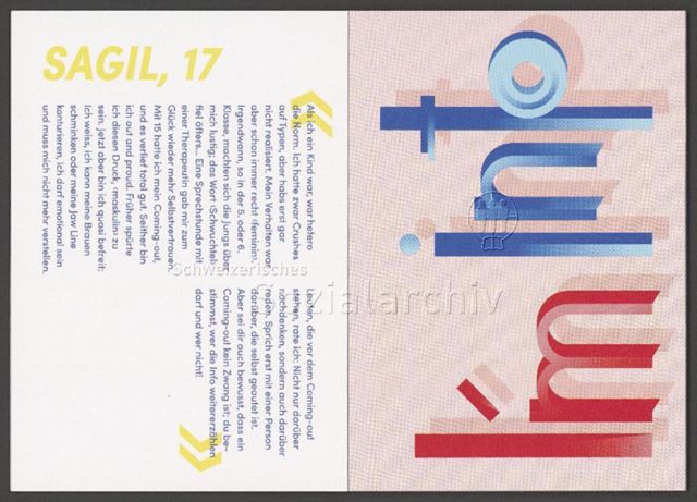 links: "Sagil, 17", Kurzportrait; rechts: "I'm into" (Auf wen stehe ich?) – Infobüchlein für Jugendliche der AIDS-Hilfe Schweiz in Zusammenarbeit mit anderen queeren Organisationen über sexuelle Orientierung, Geschlechtsidentitäten und Coming-Out (August 2019)