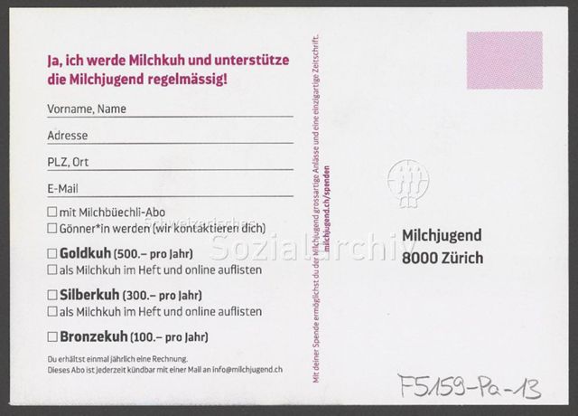 Ausfüllformular für Spender; Gold- Silber- und Bronzekuh-Rang– Spendenkampagne der Jugendorganisation Milchjugend (um 2020)