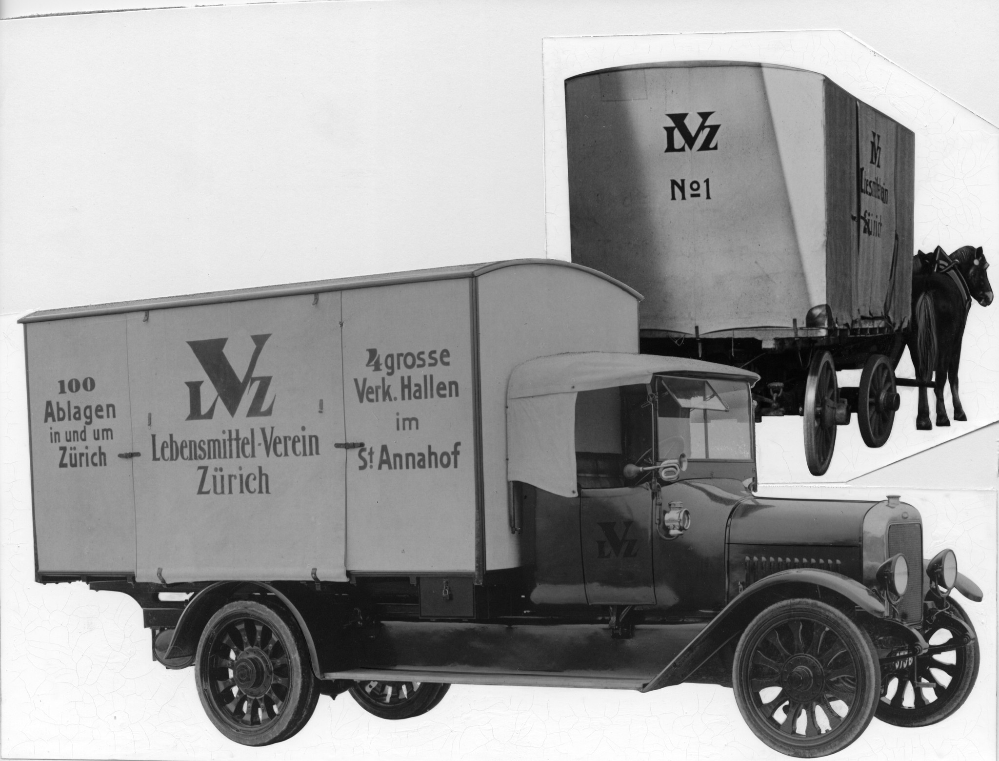 Lieferwagen des Lebensmittelvereins Zürich: Lastwagen und Pferdewagen (Collage) - 4 grosse Verk. Hallen im St. Annahof - 100 Ablagen in und um Zürich