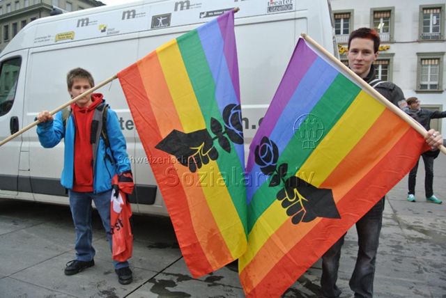 Kundgebung in Bern gegen die Familieninitiative der CVP (16.11.2013, Bern) – Regenbogenflaggen mit sozialistischen/sozialdemokratischen Rosen