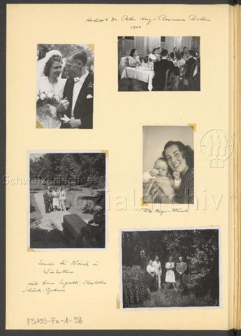 Fotoalbum Nico Kaufmann, 1928–1950 – "Hochzeit Dr. Peter Hug – Rosmarie Ricklin, 1944" (oben), "Rita Meyer-Elwert" (mitte rechts), "[...] bei [...] in Winterthur, mit Dinn Lipatti, Charlotte Schmück-Bodmer" (mitte links, unten), um 1944/45