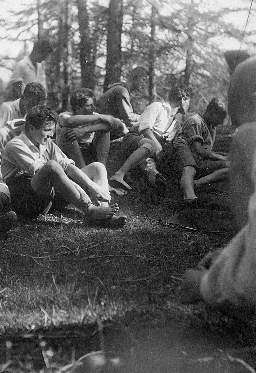 Wandervögel sitzen im Wald während der Ferienwoche in Feldis (1923)
