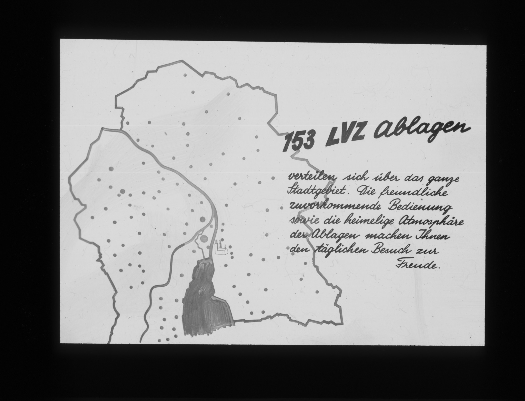 Dia: LVZ-Filialen auf Plan eingezeichnet, dazu Text: "153 LVZ Ablagen verteilen sich über das ganze Stadtgebiet. Die freundliche zuvorkommende Bedienung sowie die heimelige Atmosphäre der Ablagen machen Ihnen den täglichen Besuch zur Freude."