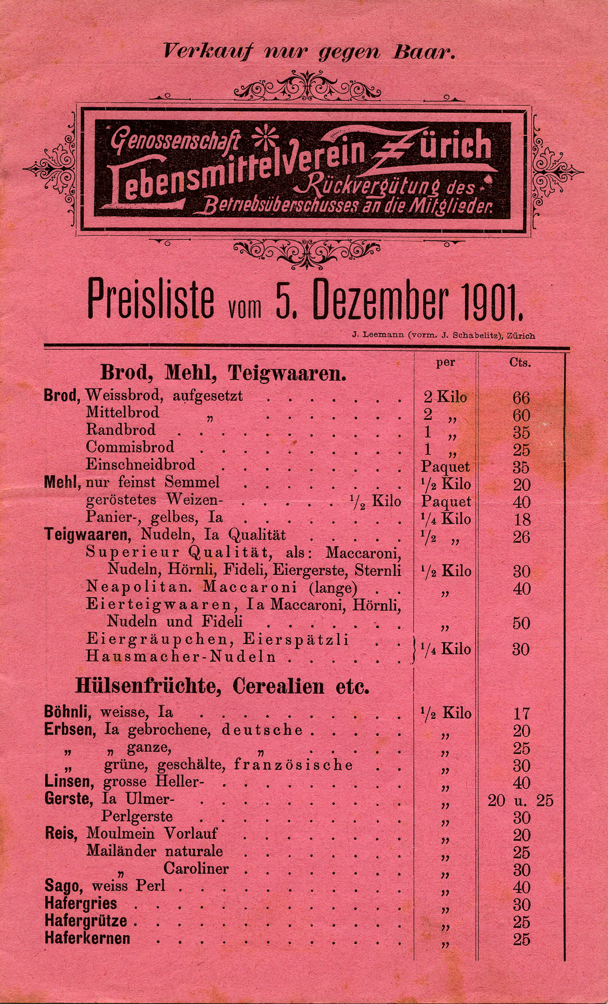 Genossenschaft Lebensmittel-Verein Zürich, Preisliste vom 5. Dezember 1901