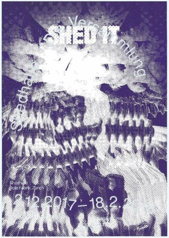 "Shed it / Shedhalle - Die Versammlung" - weisser Schriftzug und grauer Schriftzug in einem ungleichmässigen Bogen vor violettem Hintergrund