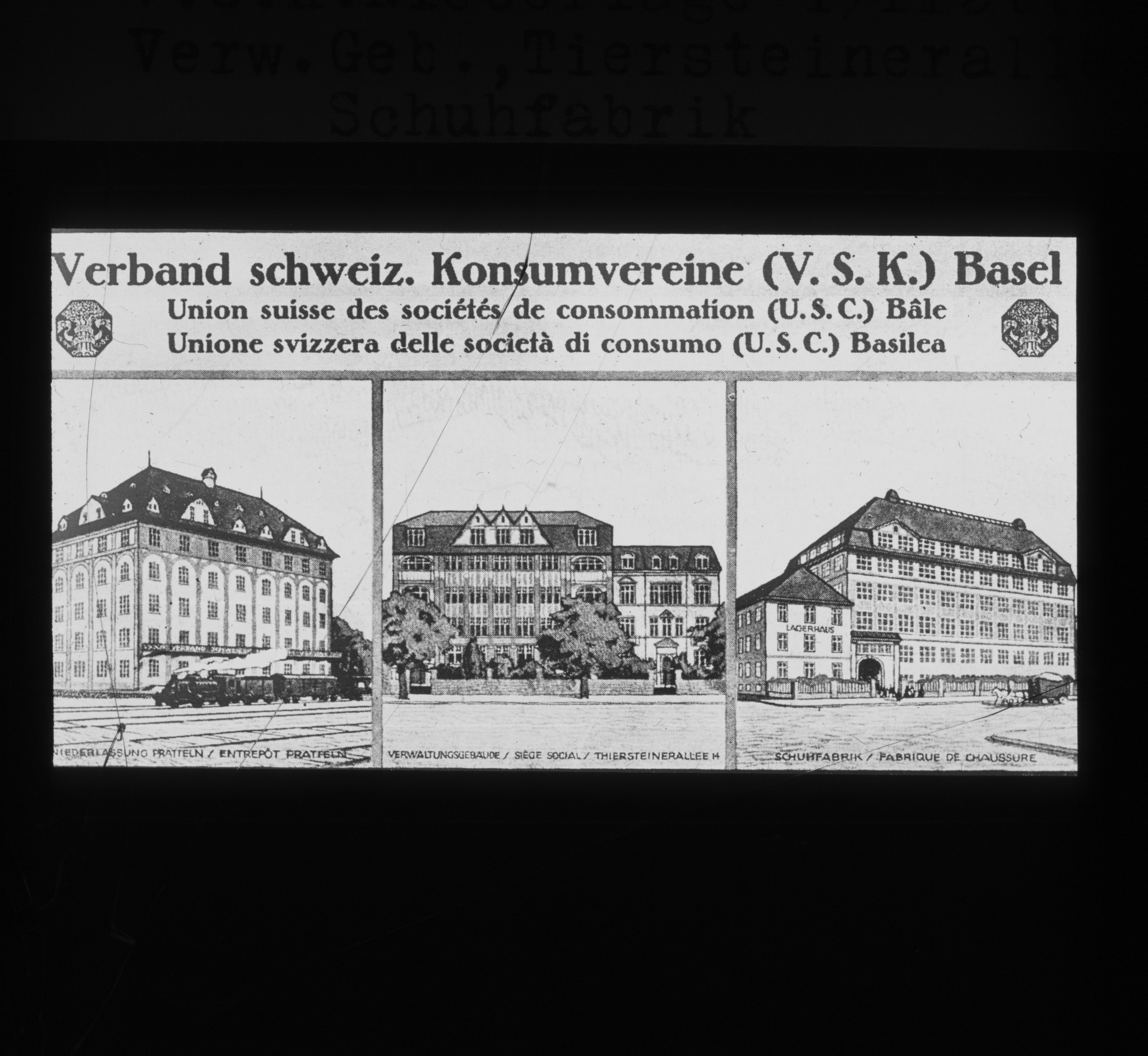 Dia: Fotos der Niederlassung des V.S.K. (Verband schweizerischer Konsumvereine) in Pratteln, Verwaltungsgebäude an der Thiersteinerallee und der Schuhfabrik; Aussenansichten.