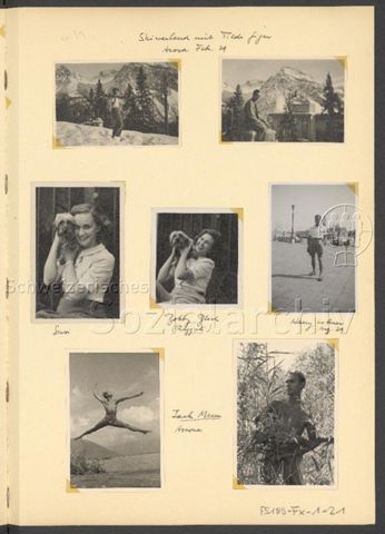 Fotoalbum Nico Kaufmann, 1928–1950 – "Skiweekend mit Tildi Giger, Arosa Febr. 39" (oben), "Susi" (mitte links), "Bobby Bloch (Razzerli)" (mitte), "Harry Lebner, Aug. 39", (mitte rechts), "Jack Menn, Ascona" (unten), 1939