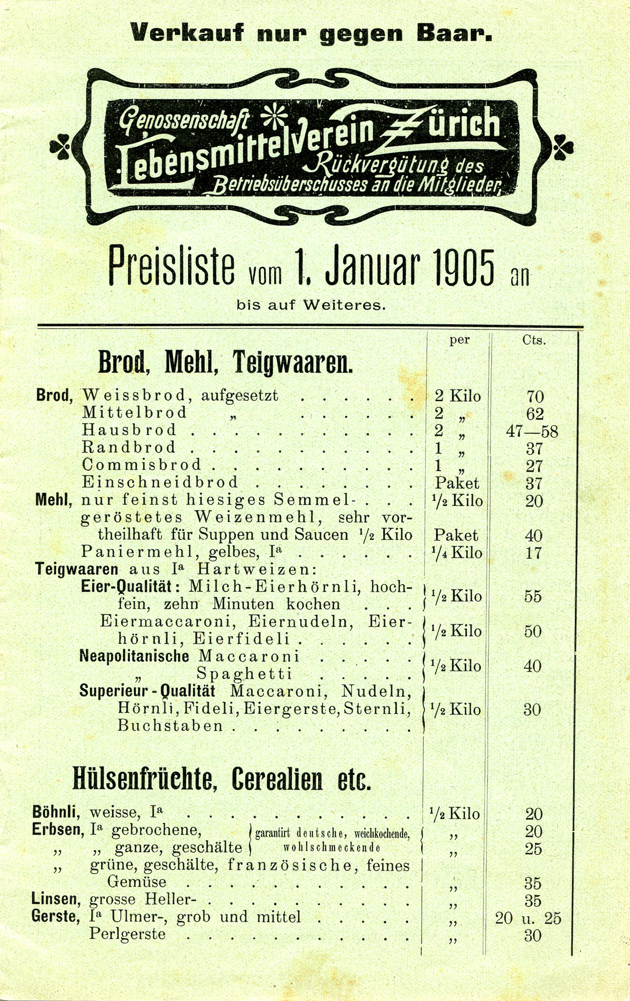 Genossenschaft Lebensmittel-Verein Zürich, Preisliste vom 1. Januar 1905 an und auf Weiteres